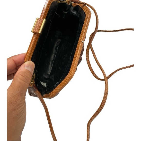 Brown Leather Clutch Snakeskin Shoulder Crossbody Strap Convertible Clutch 1980s - Picture 7 of 15